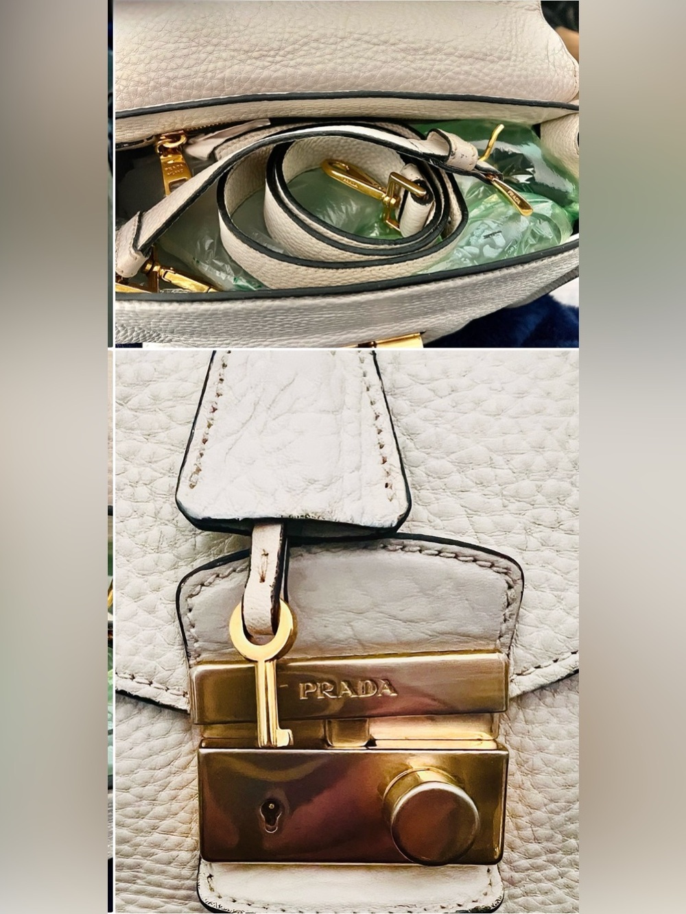 Prada “Bianco”Vitello Daino Leather Sound Flap top 2way #58M/Italy - Picture 10 of 16